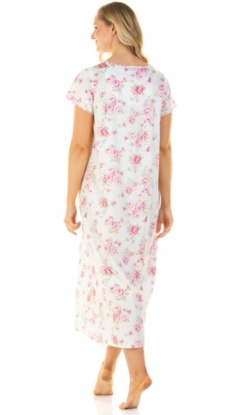 Sue Marks Luxury 100% Combed Cotton Roses Woven Long Length Short Sleeve Nightdress